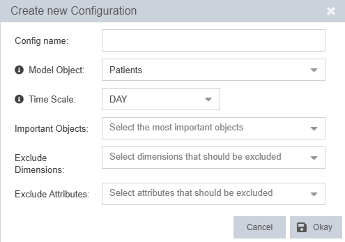 Auto model config dialog with fields for model object, time scale, important objects and excluded dimensions / attributes