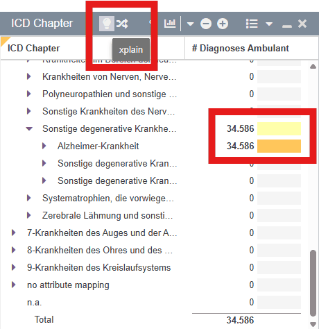 XOE window with a selection made and the lightbulb (xplain) icon highlighted